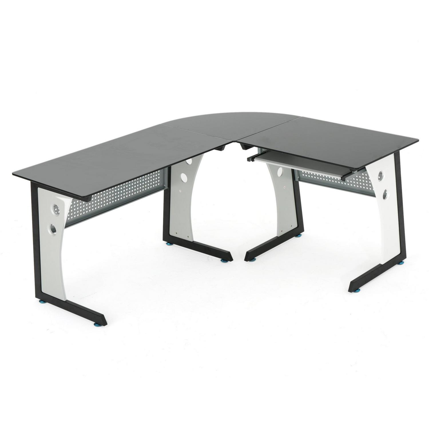 Noble House Ebba L Shaped Office Desk with Tempered Glass Top， Black， Grey