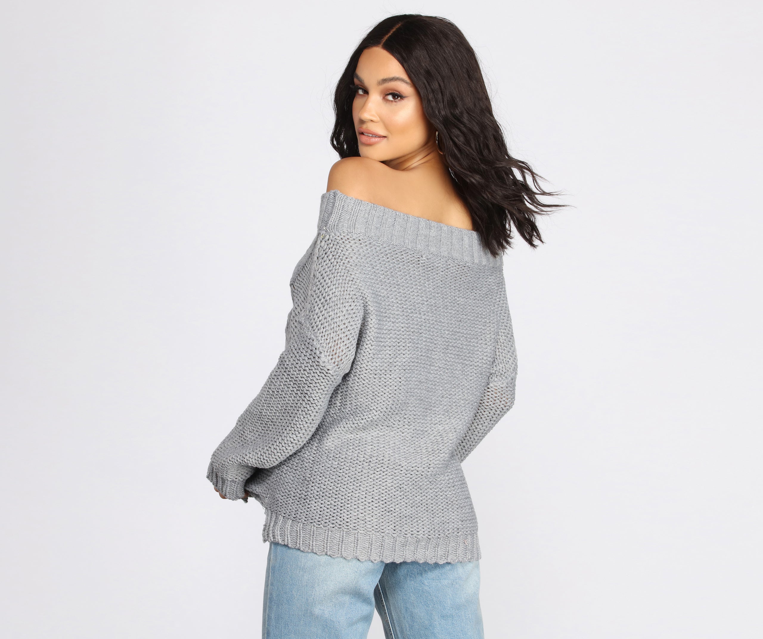 Off The Shoulder Cable Knit Sweater