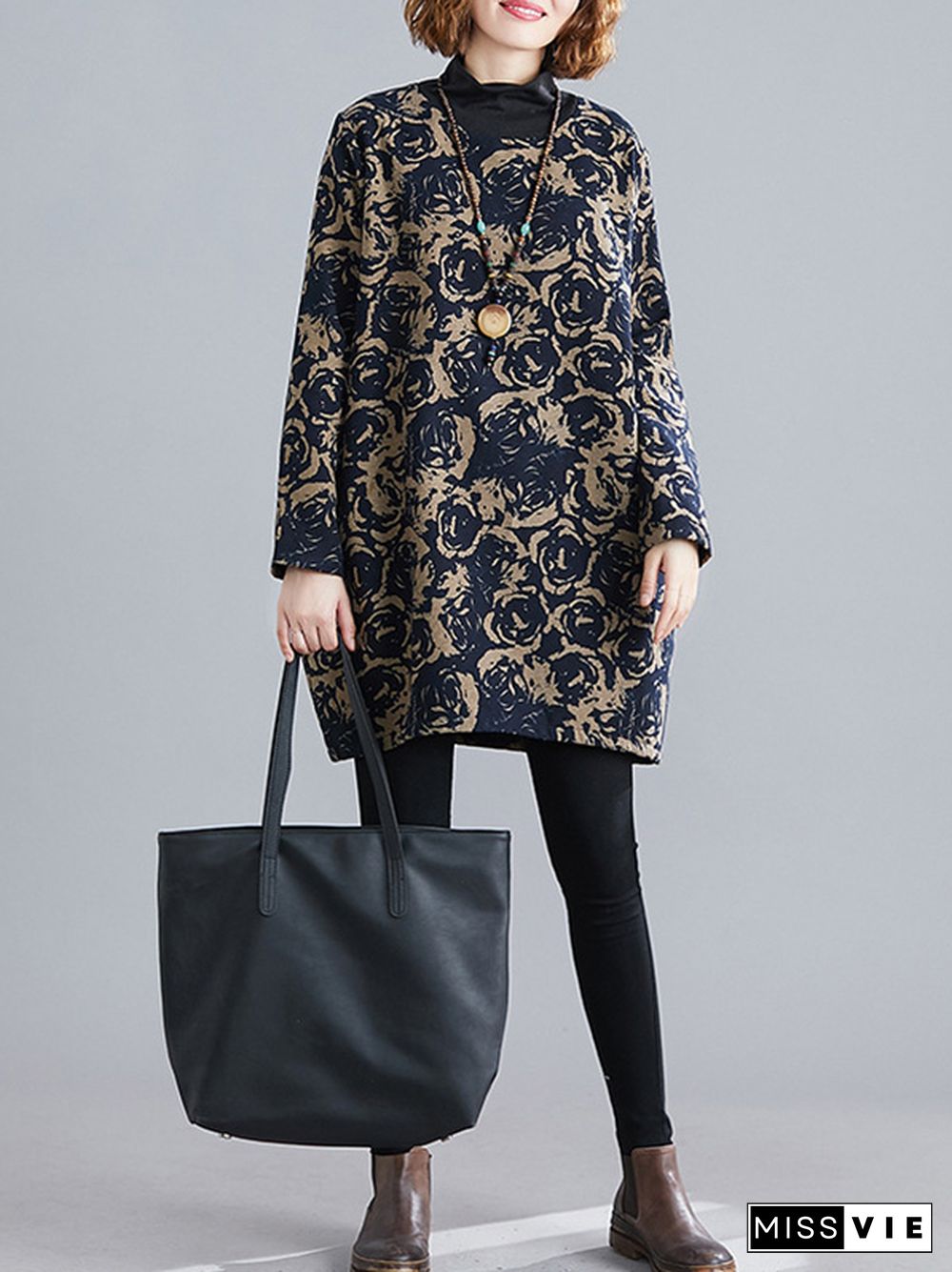 Artistic Retro Loose Long Sleeves Keep Warm Floral Printed High-Neck Mini Dresses