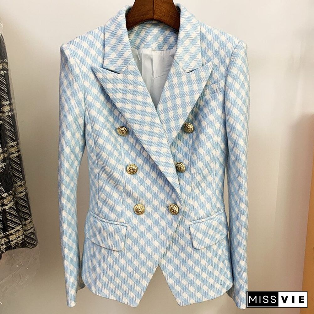 elegant women slim blazer fashion women's jacket coat double-breasted lion buckle slim-fit woven blue plaid suit