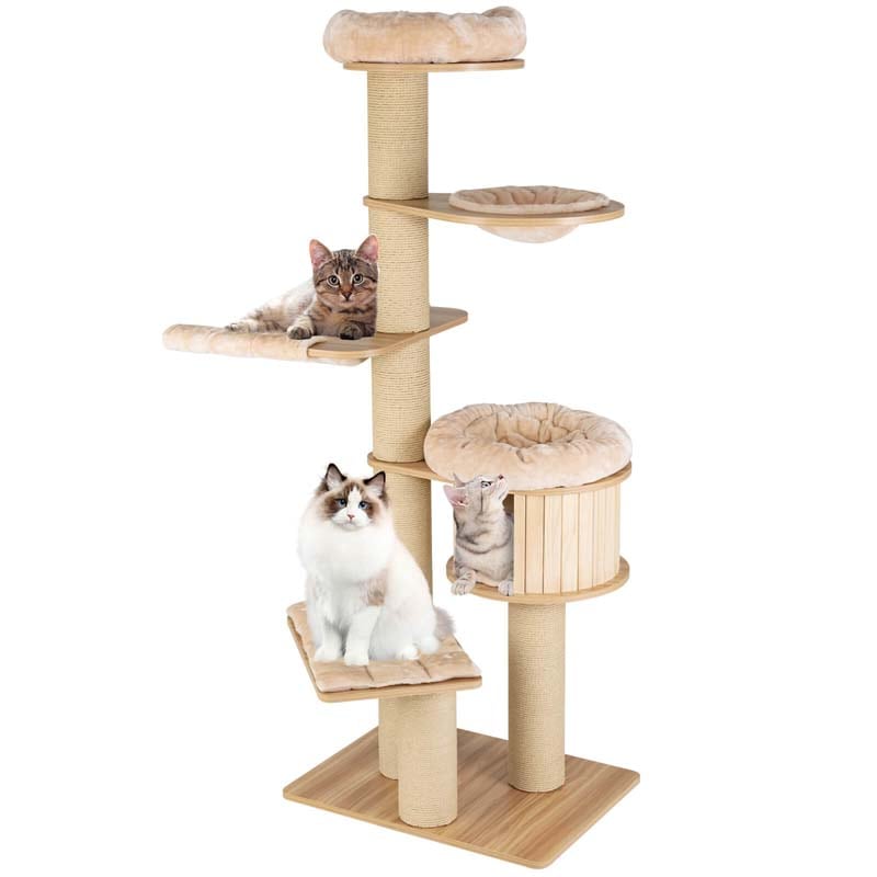 Multi-Level Large Cat Tower with Cat Condo, Modern Wood Tall Cat Tree with Sisal Posts & Washable Mats