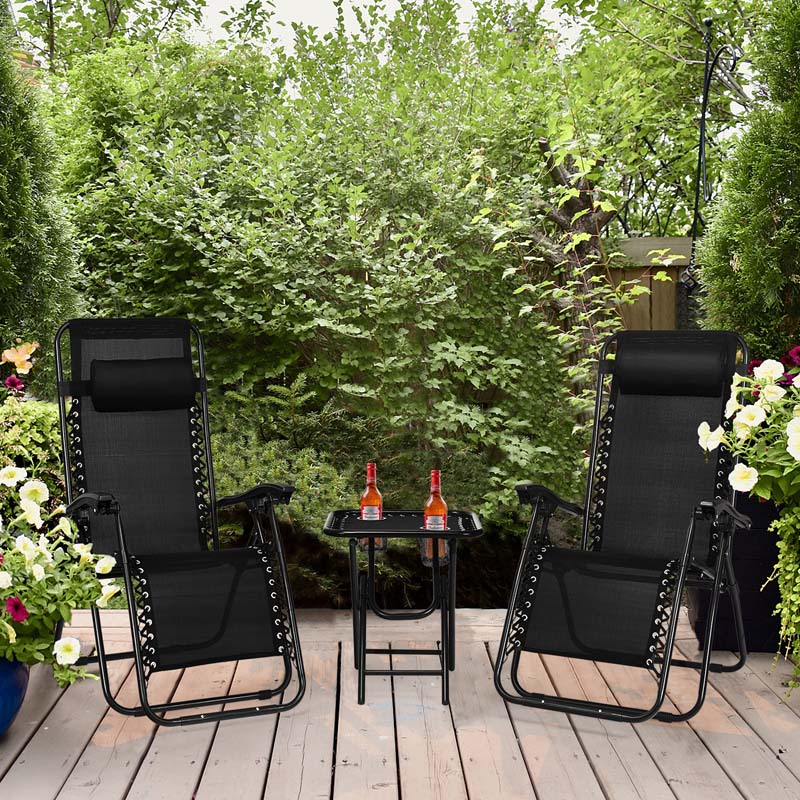 3 Pcs Folding Zero Gravity Recliner Patio Yard Pool Outdoor Chaise Lounge Chairs Table Set