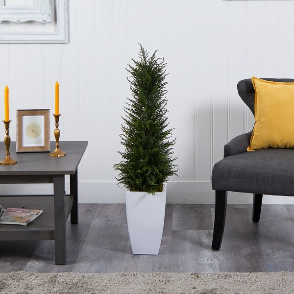 3.5' Cypress Artificial Tree in White Metal Planter