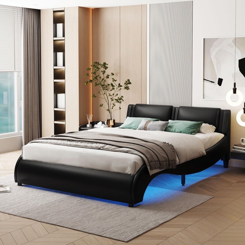 Full/Queen Size Upholstered Faux Leather Platform Bed with LED Light