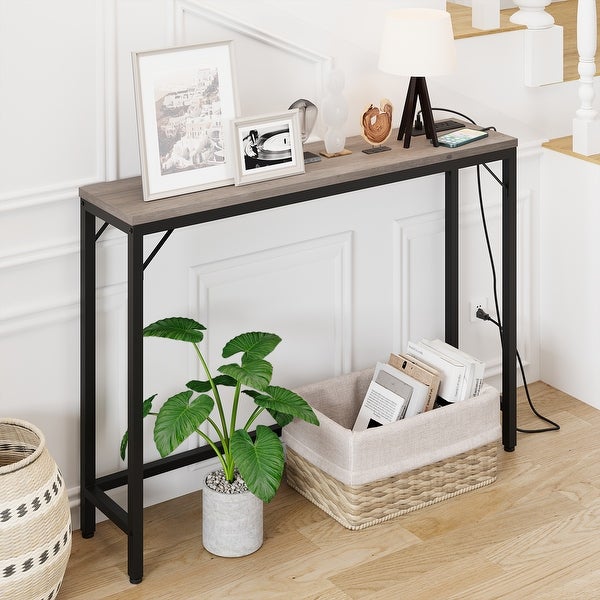 Entryway Table with Power Outlets and USB Ports， Narrow Sofa Table with Charging Station