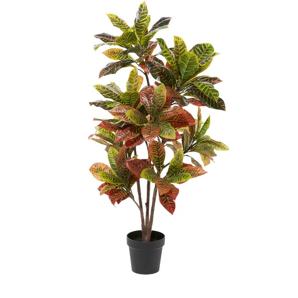 Green Faux Foliage Croton Artificial Plant with Realistic Leaves and Black Plastic Pot