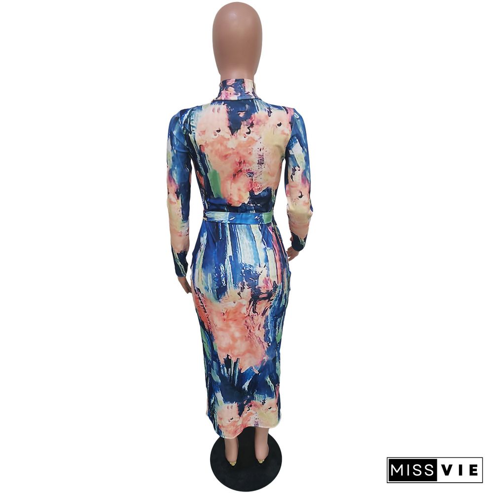 Printing Zipper Long Sleeve Bodycon Maxi Dress