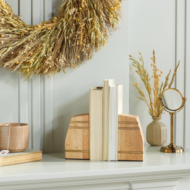 Wooden Wedge Bookends With Brass Inlay set Of 2 With Magnolia