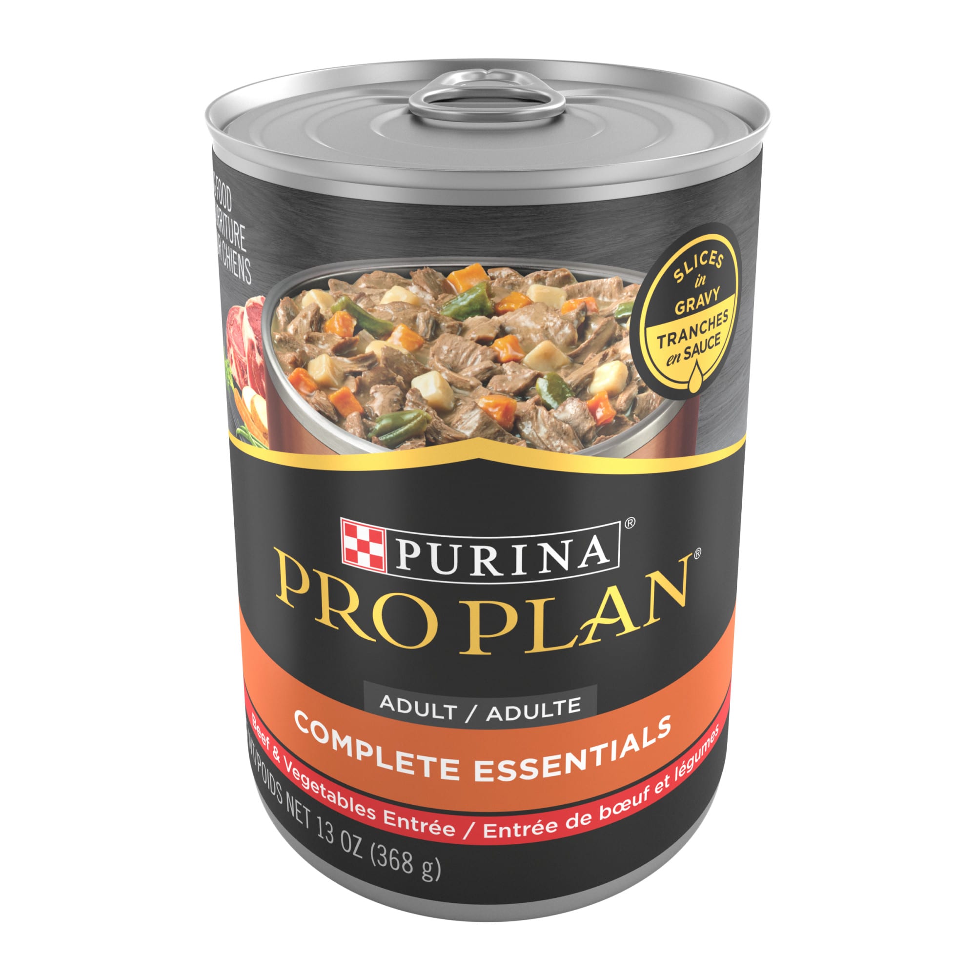 PURINA PRO PLAN Complete Essentials High Protein Slices in Gravy， Beef and Vegetables Entree Adult Dog Food， 13 oz.， Case of 12