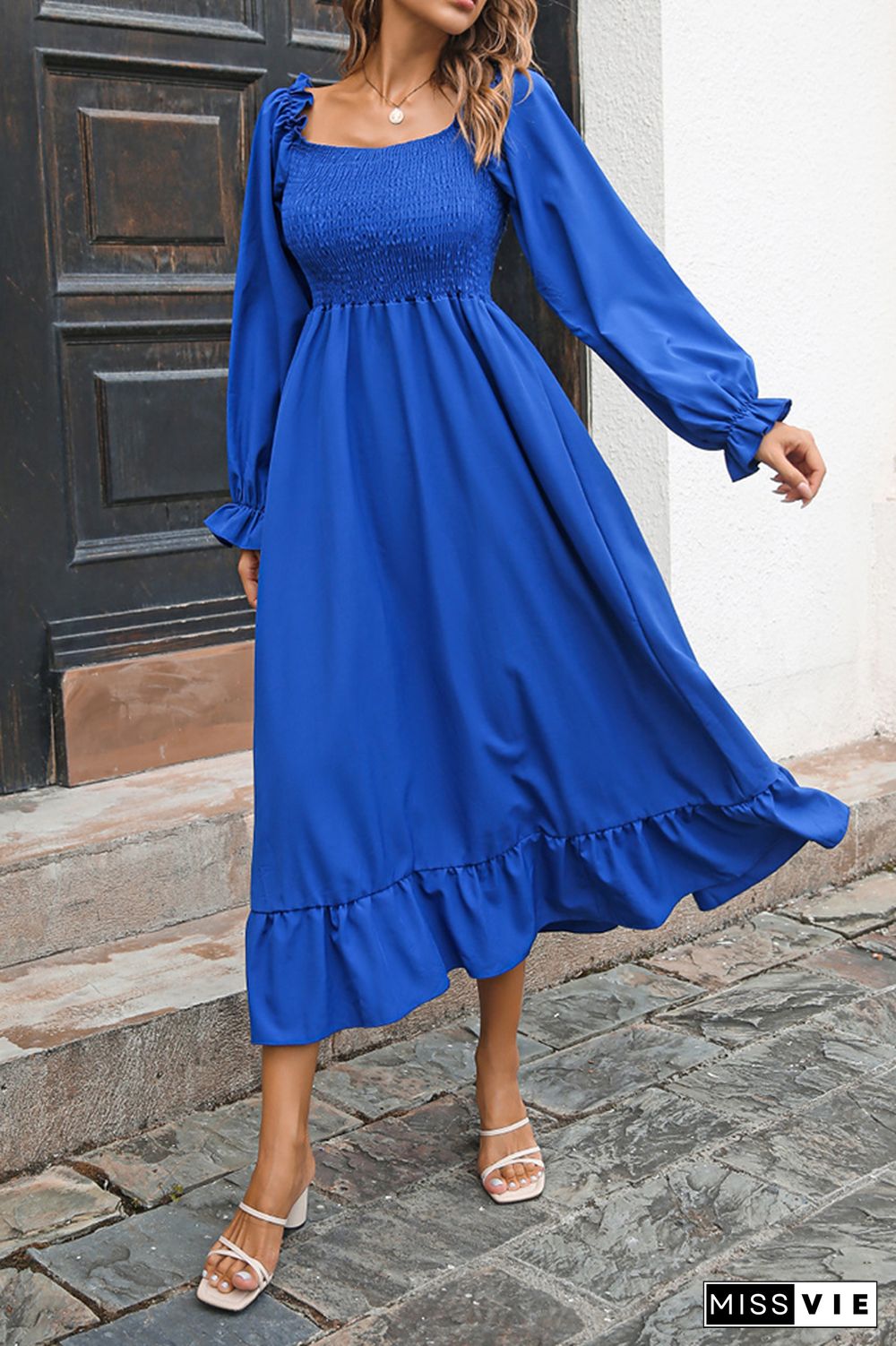 Smocked Square Neck Ruffles Maxi Dress