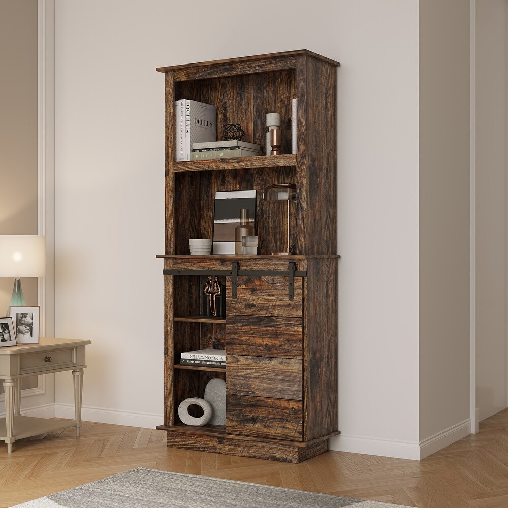 Freestanding Rustic Kitchen Buffet with Hutch  Pantry Storage Cabinet with Sliding Barn Door and Adjustable Shelf