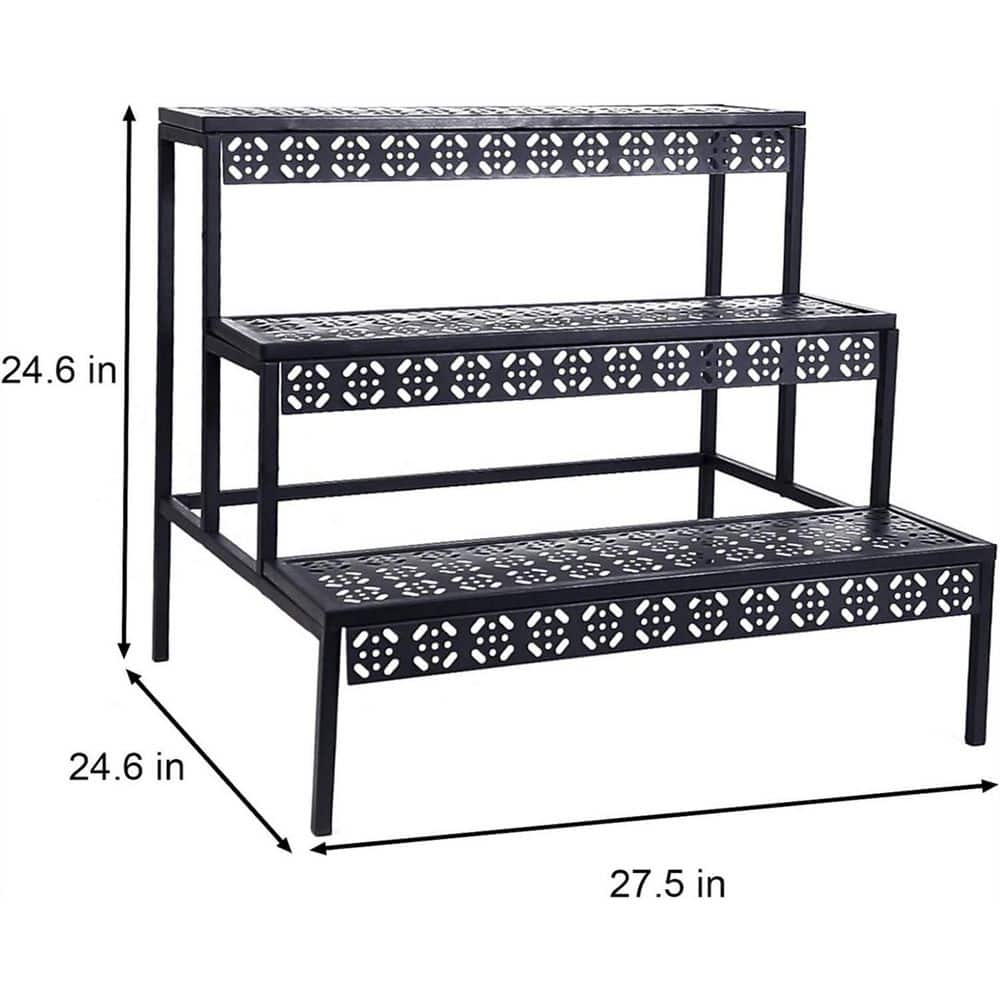 Dyiom Black Ladder Plant Stand 3 Rectangle Layers Stair Style Metal Vintage Shelf Pattern Flower Pot Rack Indoor and Outdoor B09T9PRHL1