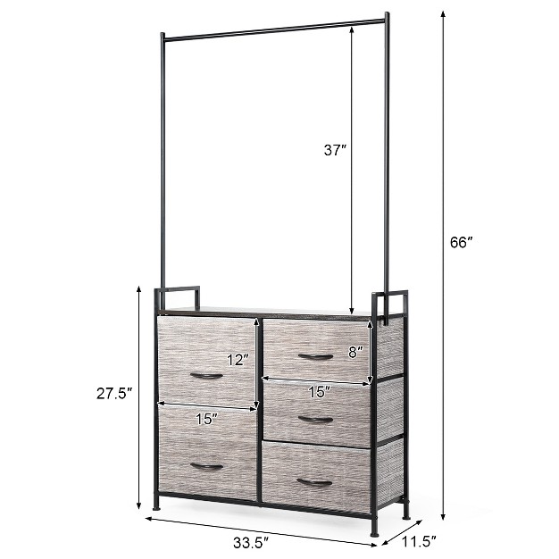 Costway 5 Drawer Fabric Dresser Hanger Metal Frame Wooden Top Storage Closet Organizer