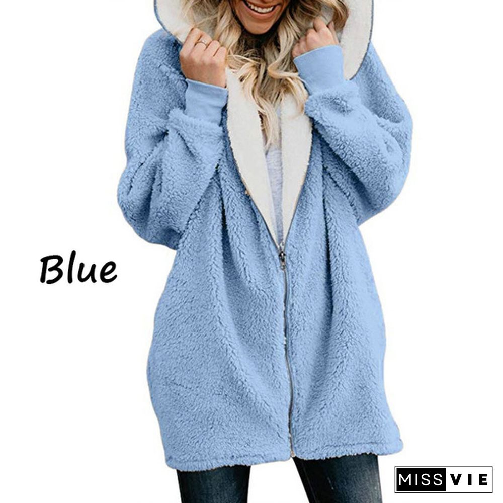 Women Coat Winter Warm Coat Women Casual Zipper Hoodie Fluffy Hooded Cotton-padded Jacket Wool Sweatshirts Outwear 9 Colors Size:S-5XL