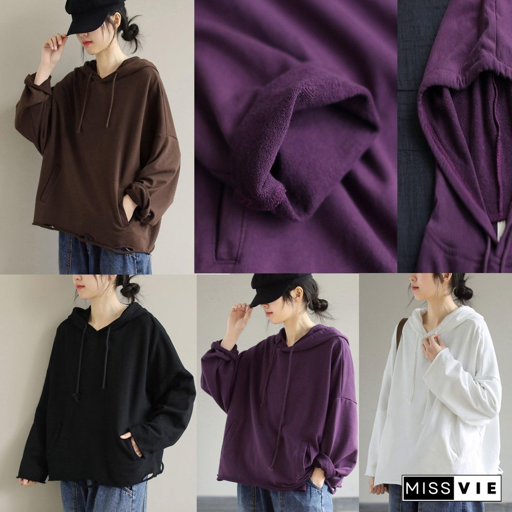 Women Hooded Hole Spring Top Silhouette Photography Purple Blouses