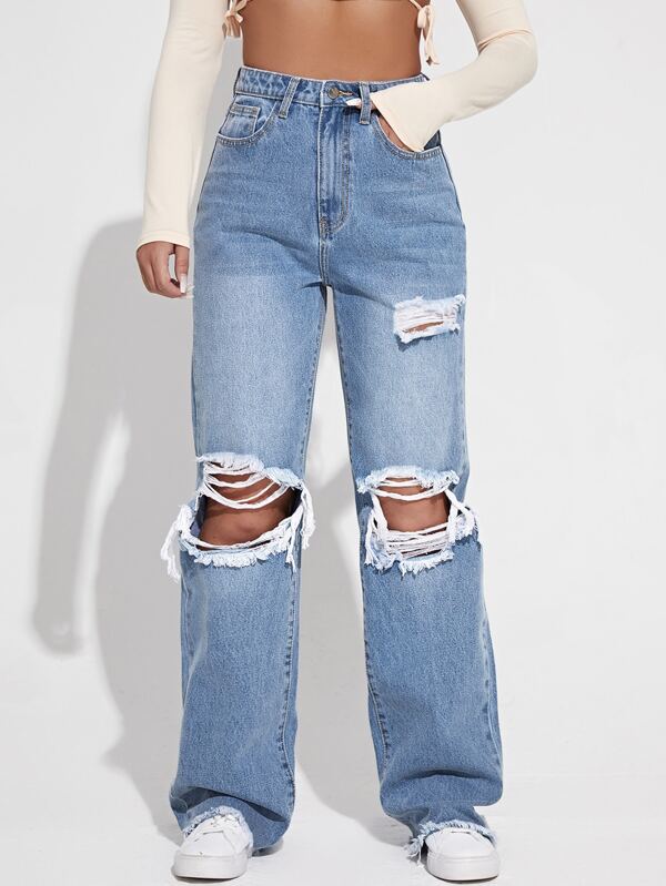 Ripped Cutout Wide Leg Jeans