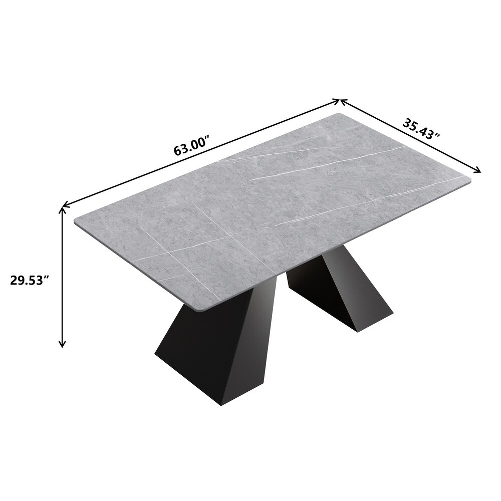 63''Modern Grey Dining Table with Rectangular Sintered Stone Tabletop  Black Carbon Steel Legs   N/A