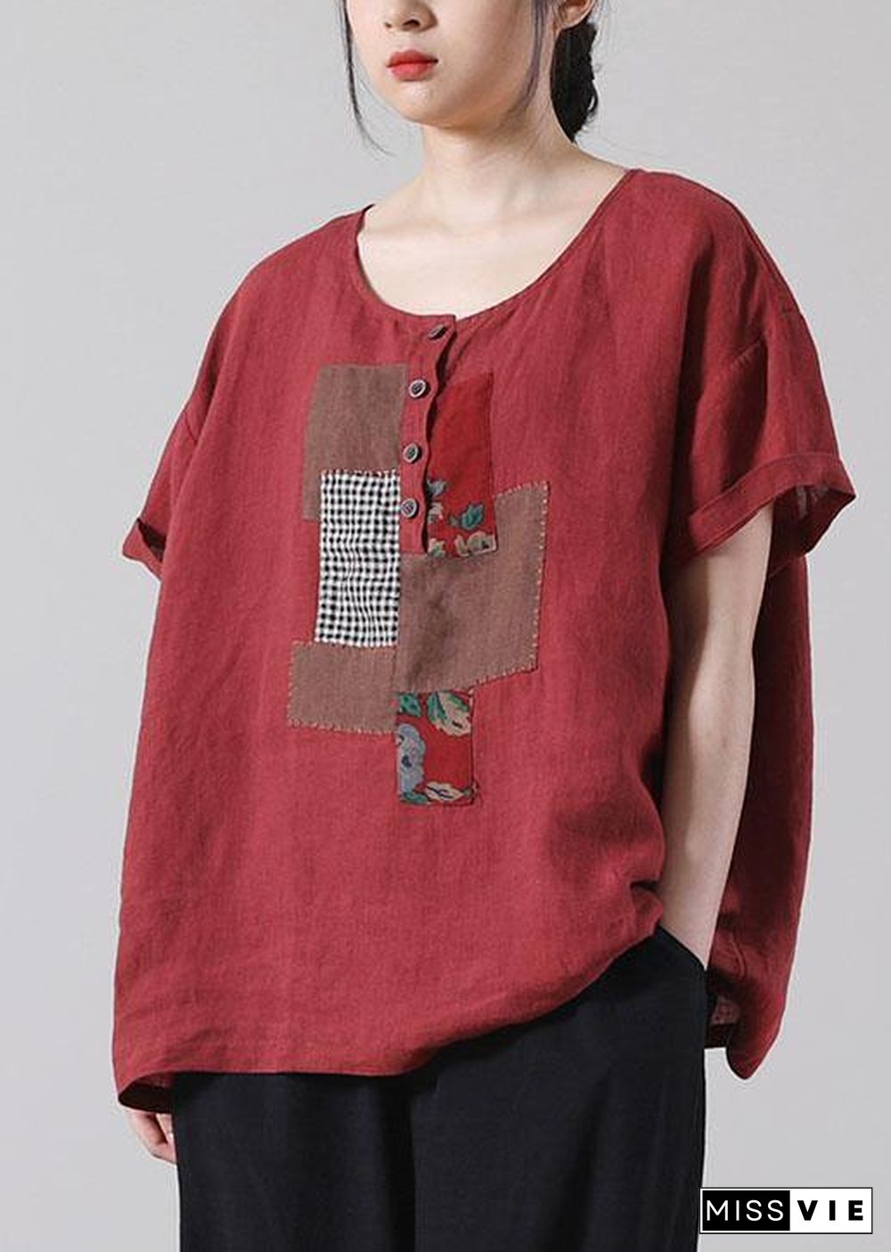 Organic Red Button Short Sleeve Cotton Linen Shirt Tops