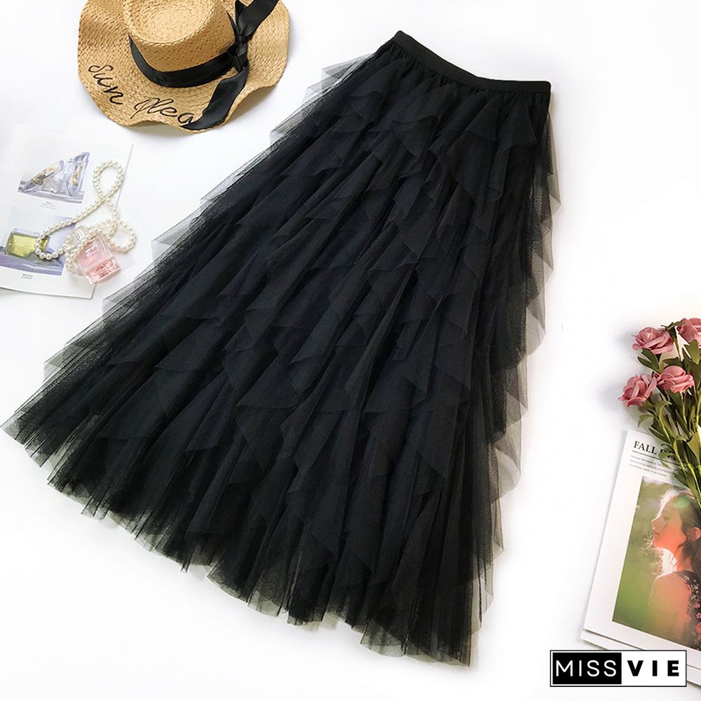 Fashion Tutu Tulle Skirt Women Long Maxi Skirt Spring Summer Korean Black Pink High Waist Pleated Skirt Female