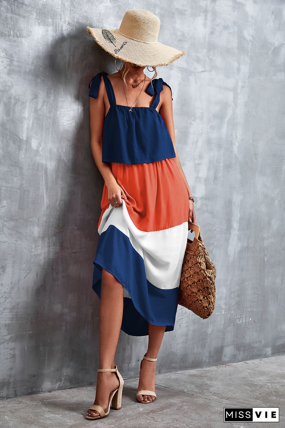 Tie Strap Color Block Maxi Dress