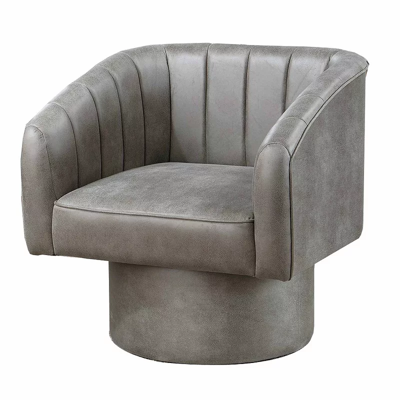 Kate 30 Inch Accent Chair， 360 Swivel Seat， Vegan Faux Leather， Light Gray