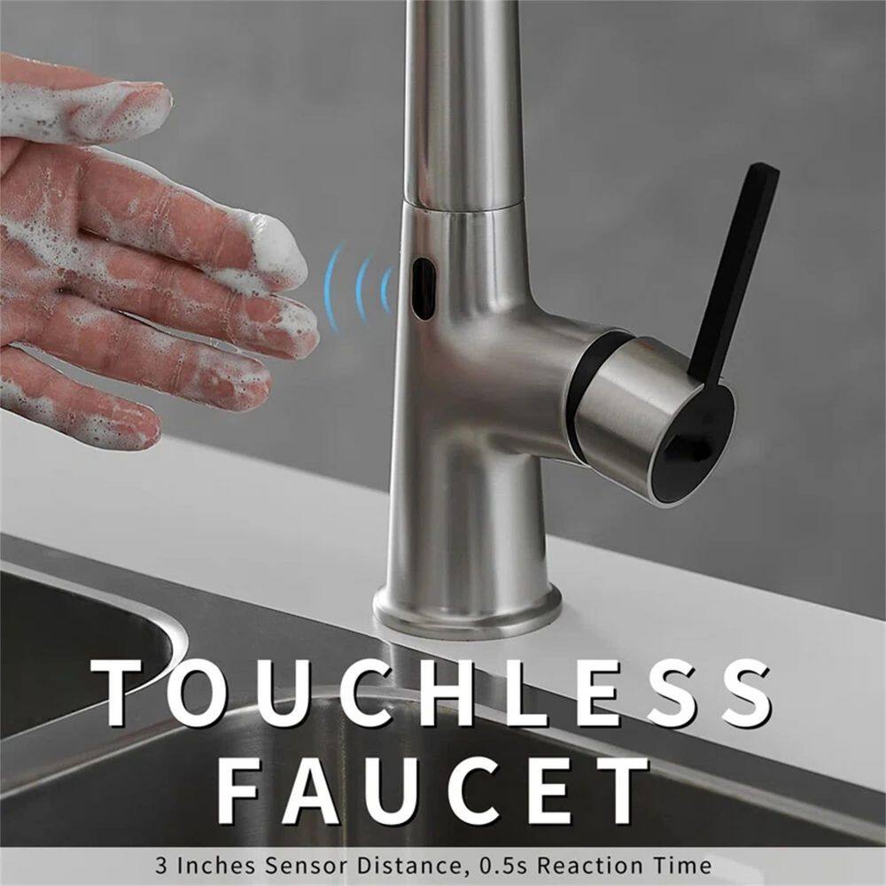 FLG Touchless Kitchen Sink Faucet With Pull Down Sprayer Commercial Single Handle Sensor Automatic Brass Taps Brushed Nickel CC-0053-BN