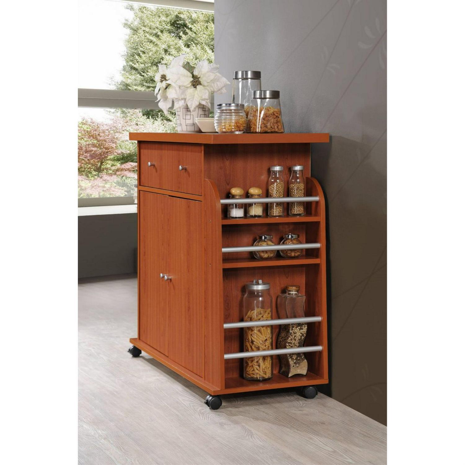 Hodedah Kitchen Cart with Spice Rack in Cherry