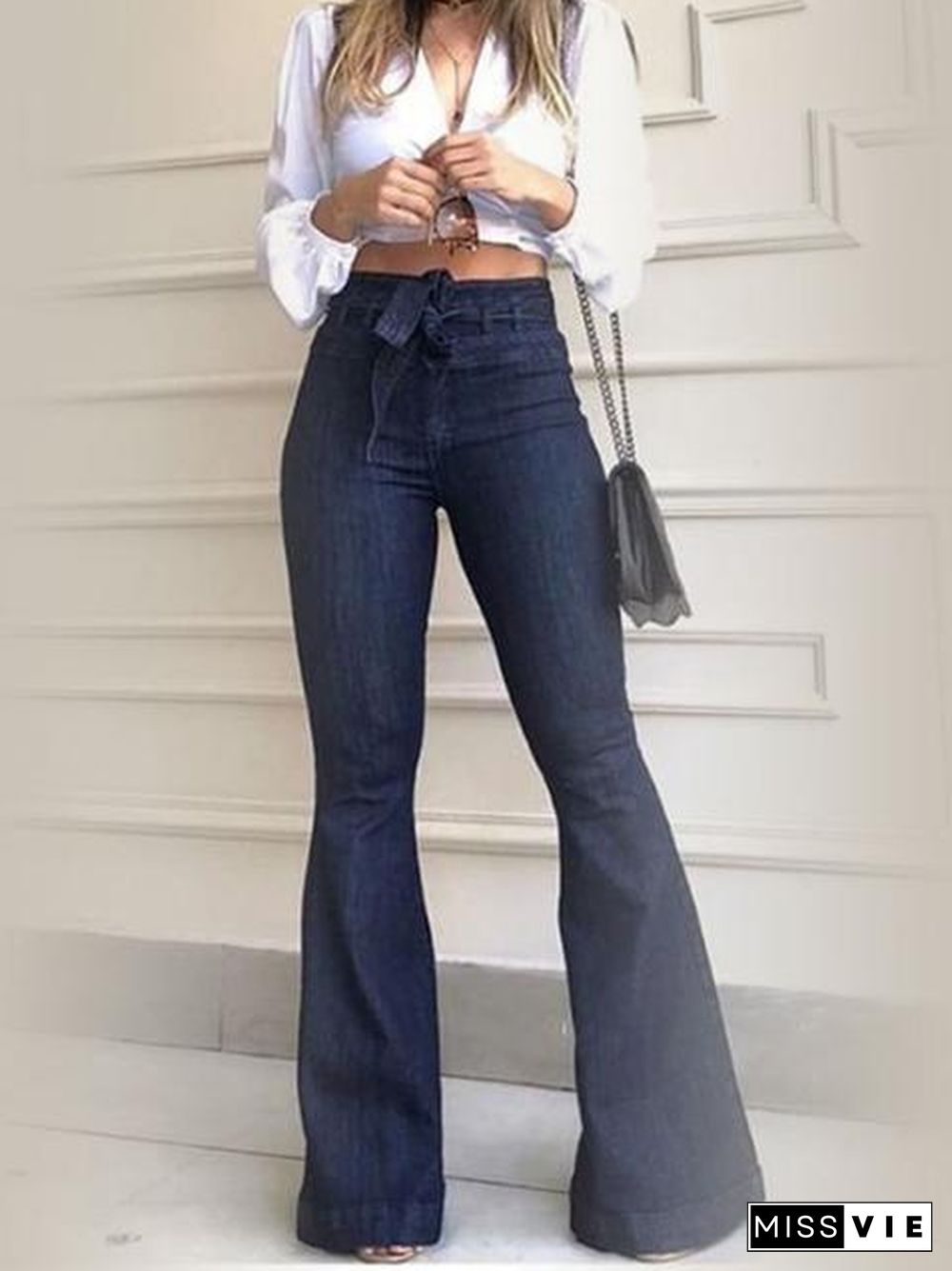 Denim Belted High Waist Flared Jeans