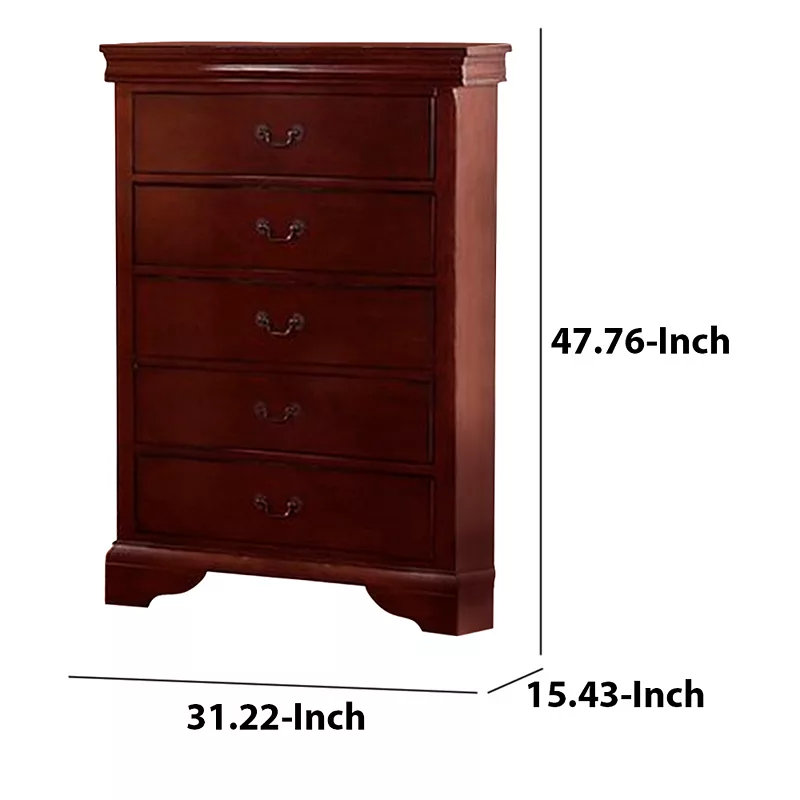 Traditional Style Wooden Chest with Five Drawers， Cherry Brown