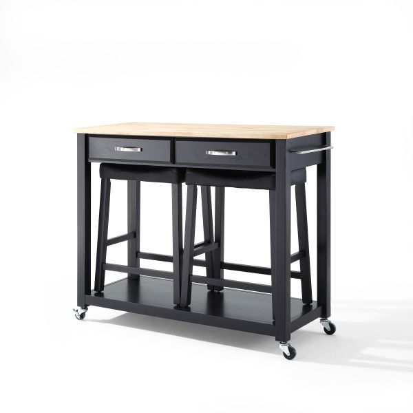 Wood Top Kitchen Prep Cart W/Uph Saddle Stools