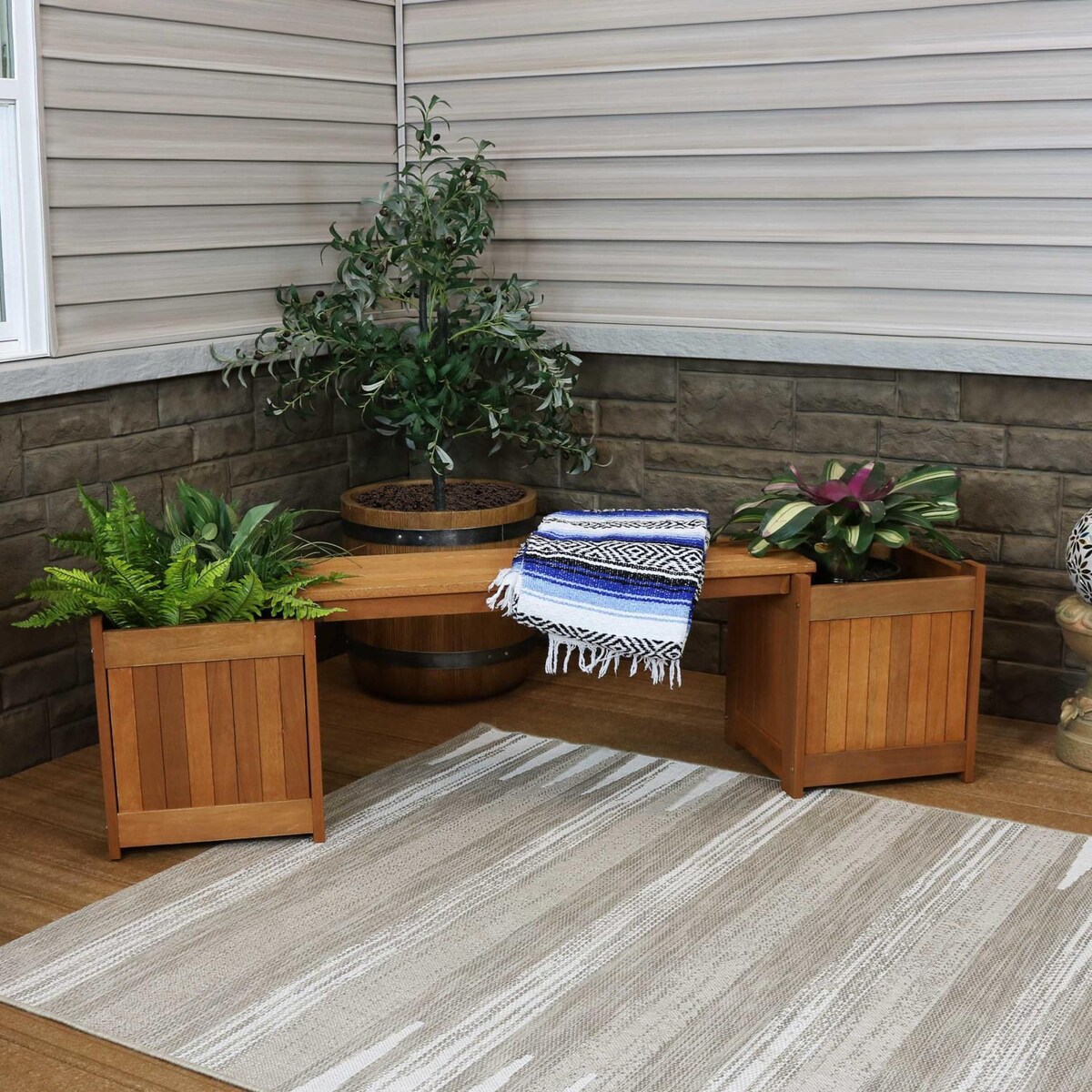 Ultimate Patio 68-Inch Meranti Wood Outdoor Planter Box Bench W/ Teak Oil Finish