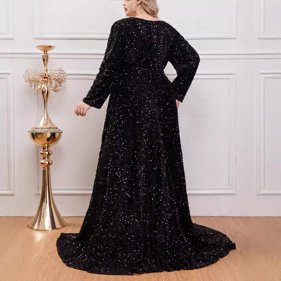 V-neck slit floor-length long sleeves ball slim evening dress