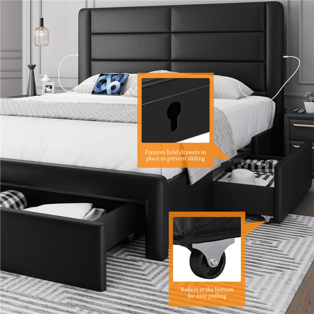 Topeakmart Queen Upholstered Leather Bed Frame with 3 Storage Drawers and Built-In USB Ports, Black