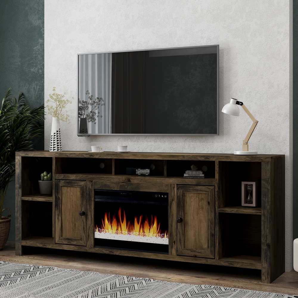 Bridgevine Home 84 in. No Assembly Required Barnwood Finish Fireplace TV stand for TVs up to 100 in.