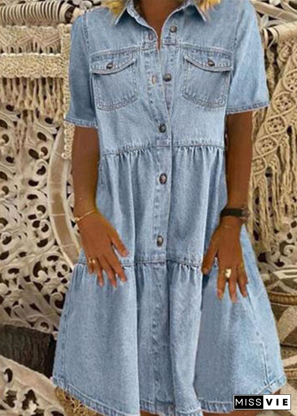 Style Light Blue Peter Pan Collar Wrinkled Patchwork Denim Mid Dress Summer