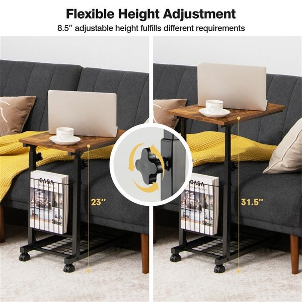 Adjustable C Shape Sofa Side Table with Storage Basket