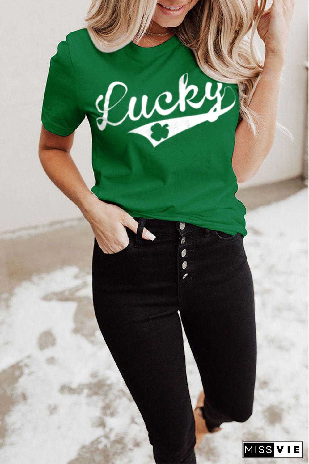 Lucky Print Graphic Tees for Women Wholesale Short Sleeve T shirts Top