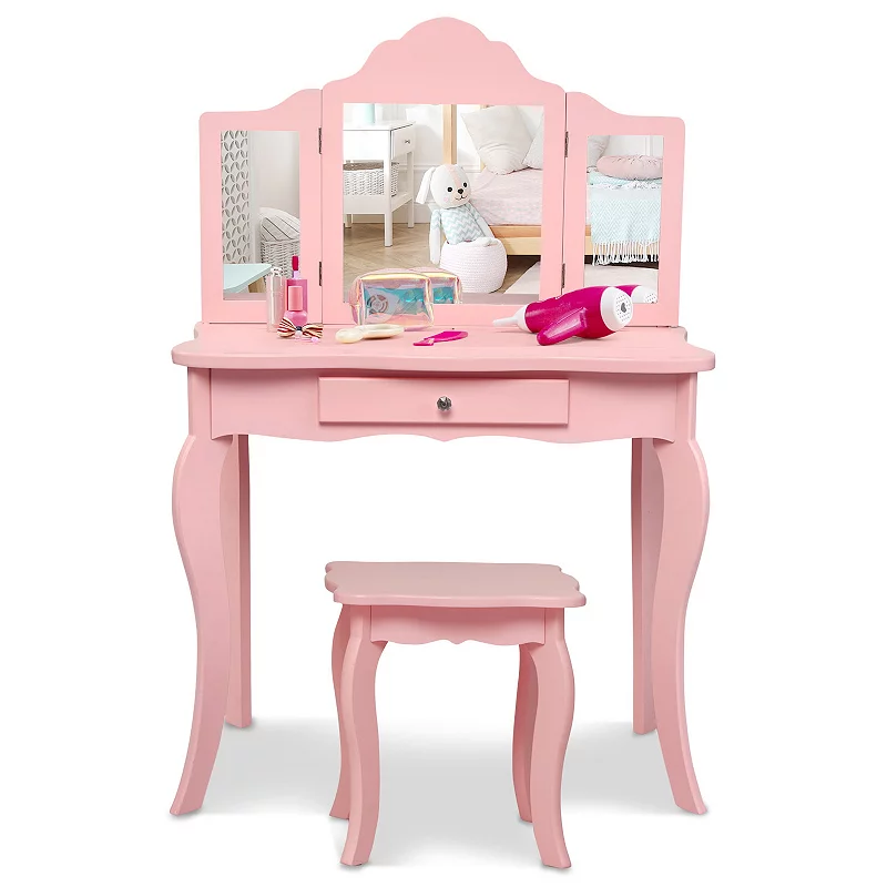 Kids Makeup Dressing Mirror Vanity Table Stool Set