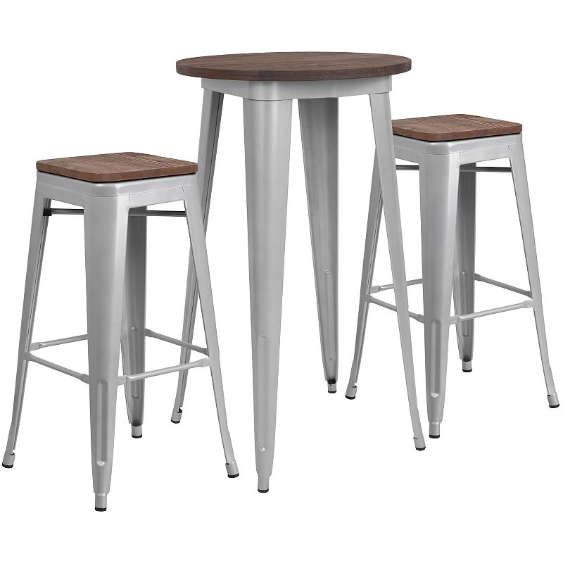 Emma and Oliver 24 Round Black Metal/Wood Bar Table Set - 2 Backless Stools