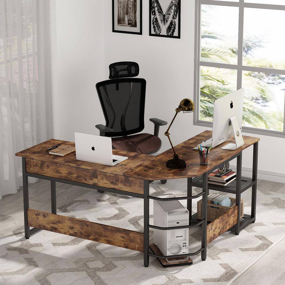 Tribesigns Lantz 59 in. L Shaped Rustic Brown Wood and Metal Computer Standing Desk with Lift Top and Storage Shelves TJHD-QP-1273