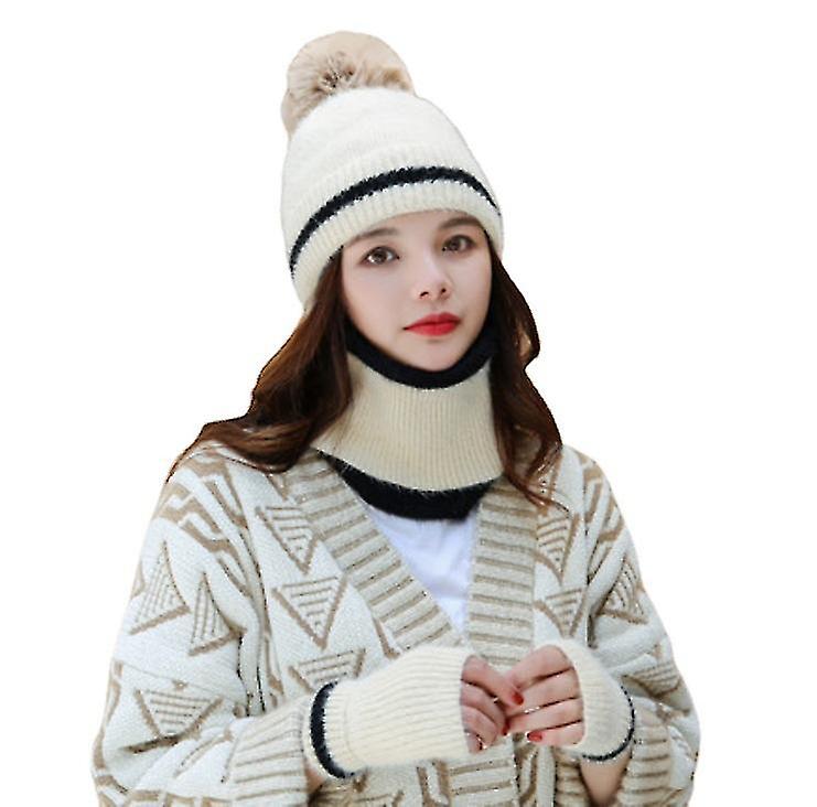 Winter Neck Collar Cap Set Female Beanies Suit Outdoor Plush Knit Women Scarf Hat Gloves Three-piece Set1setwhite