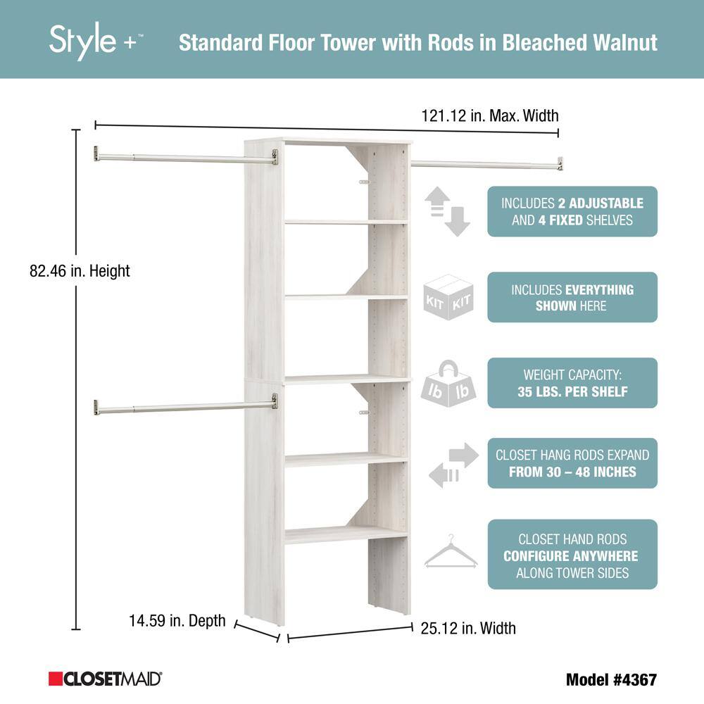 ClosetMaid Style+ 84 in. W - 120 in. W Bleached Walnut Wood Closet System 4367