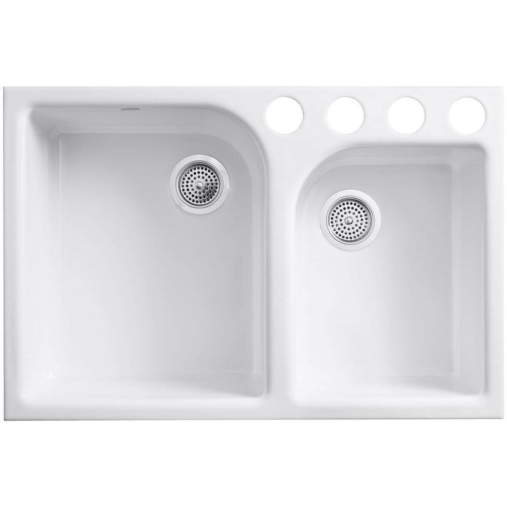 KOHLER Executive Chef Undermount Cast Iron 33 in. 4-Hole Double Basin Kitchen Sink in White with Basin Rack K-5931-4U-0-6001-ST