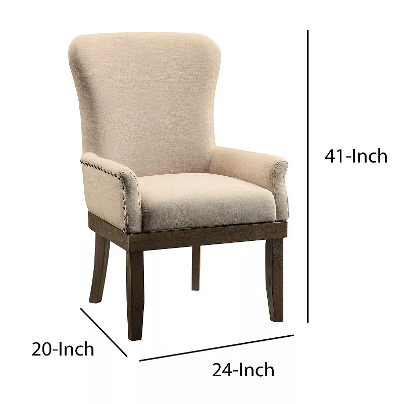 Wooden Arm Chair with Wing Back and Nailhead Trims， Beige and Brown