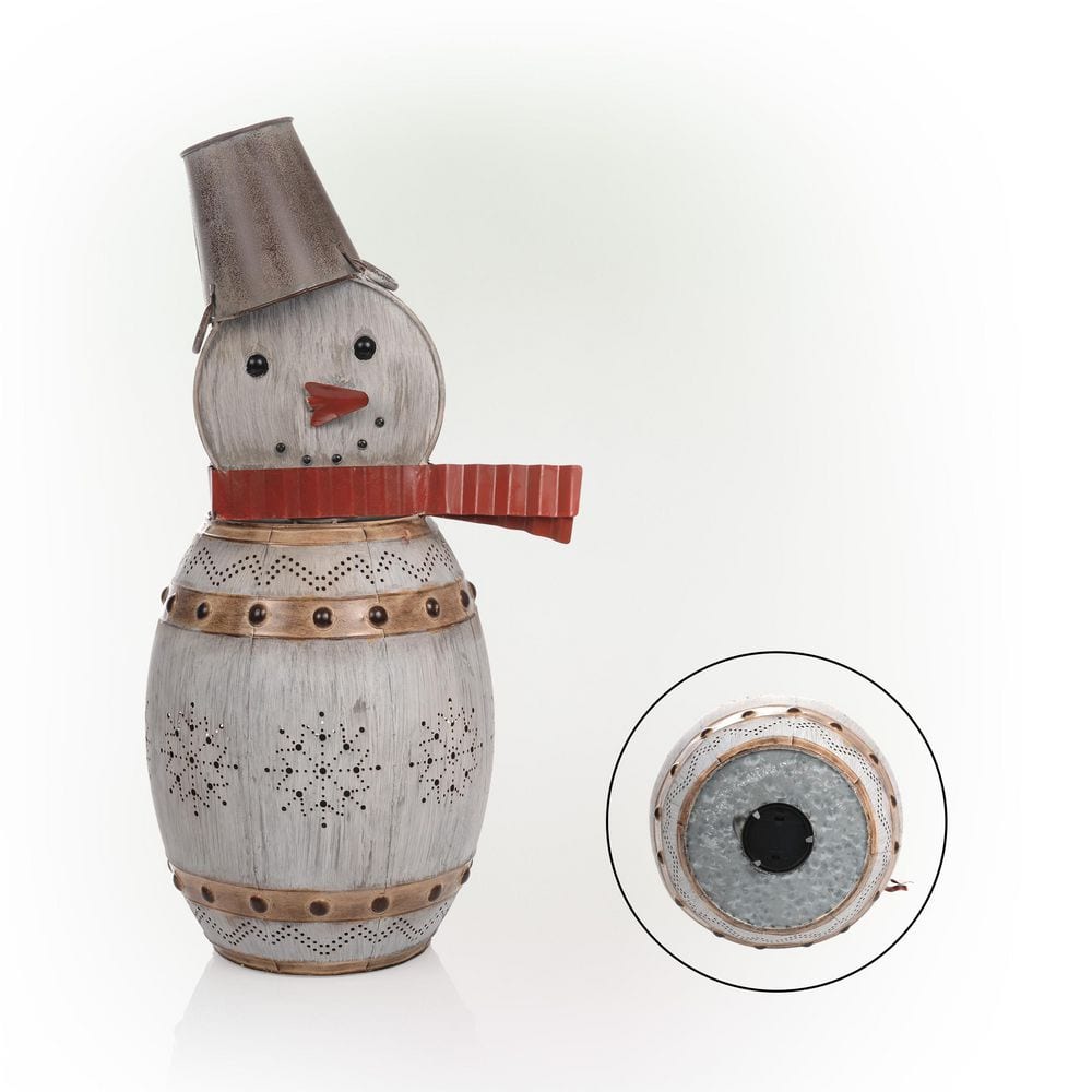 Alpine Corporation 30 in. Tall Weathered Barrel Snowman With Warm White LED Lights ORS730