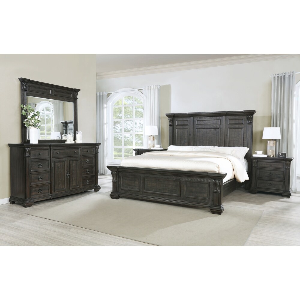 Roundhill Furniture Farson Distressed Dark Walnut Finish Wood Panel Bed  Dresser  Mirror  Two Nightstands