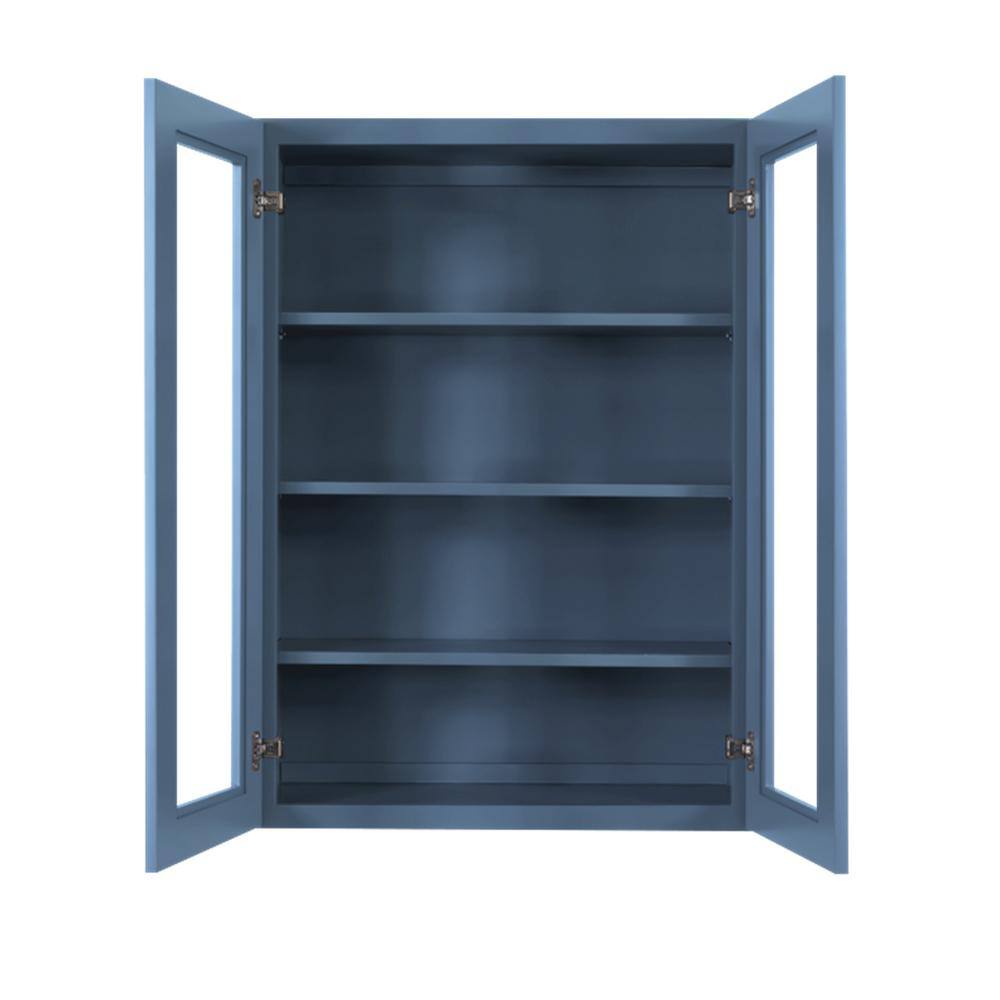 LIFEART CABINETRY Lancaster Blue Plywood Shaker Stock Assembled Wall Glass-Door Kitchen Cabinet 27 in. W x 12 in. D x 42 in. H ALB-WMD2742