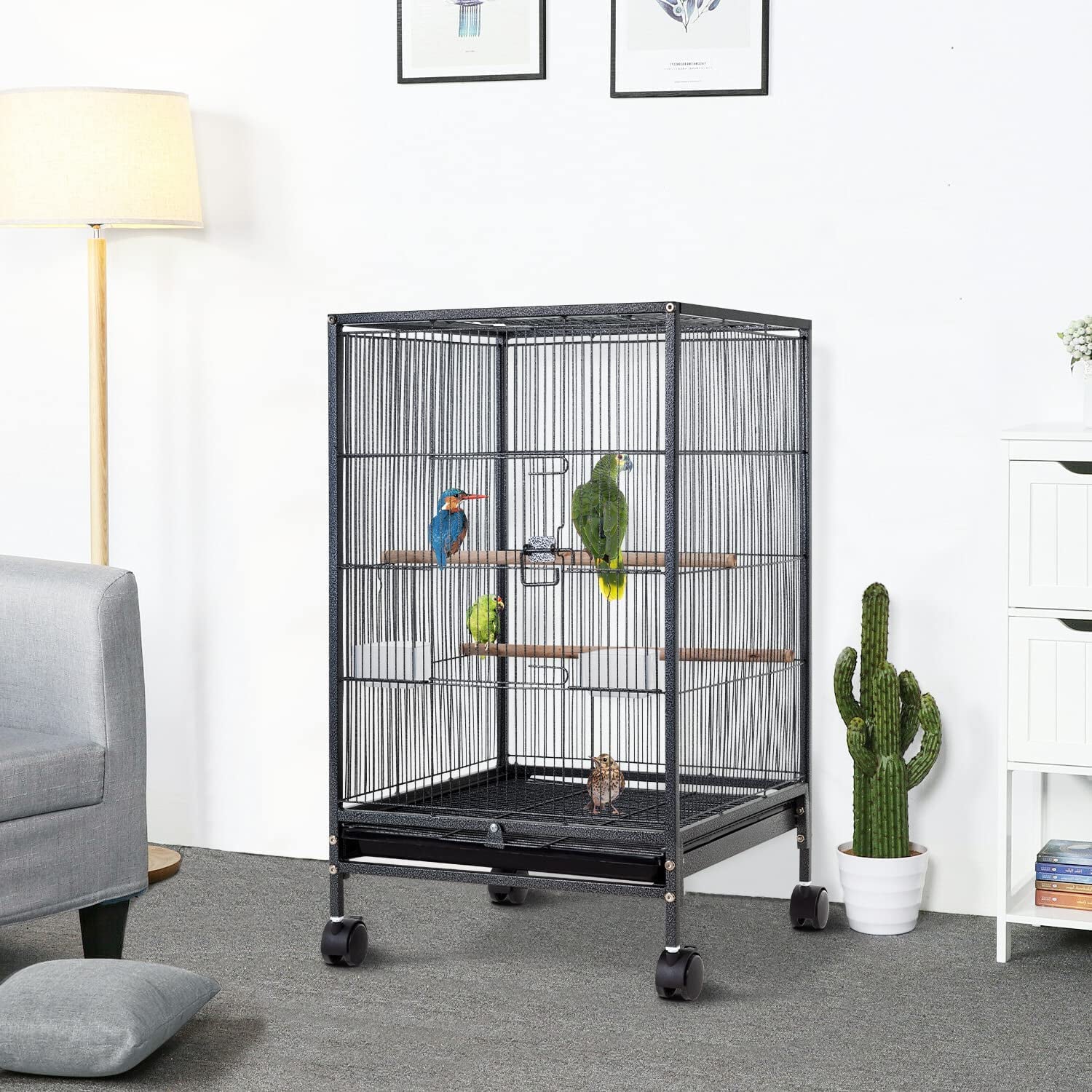 CL.HPAHKL 35 inch Height Bird Cage with Perches， Large Metal Rolling Bird Cages for Parakeets with Stand Heavy Duty Parrot Cage for Parrots Conure Lovebird Cockatiel