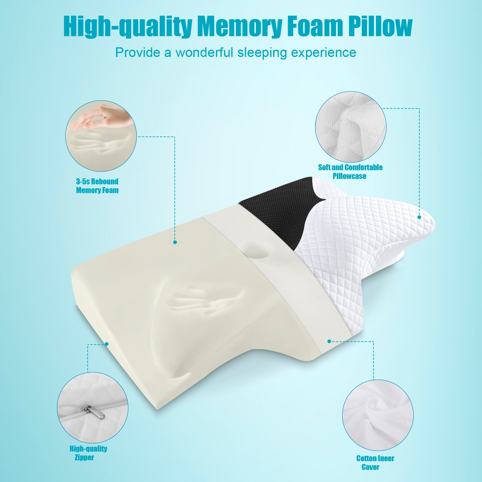 HOMCA Cervical Memory Foam Pillow Black 24in for Pain Relief Contoured Support Pillows for All Sleepers(Black)