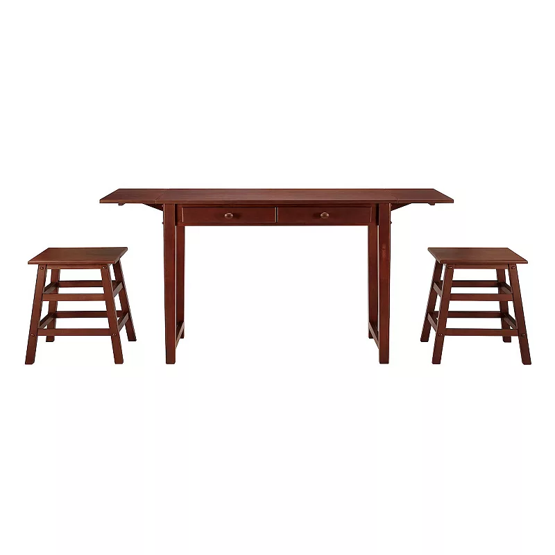 3 Piece Handcrafted Kitchen Island Breakfast Table Set， 2 Drawers， Rubberwood， Stools， Walnut Brown